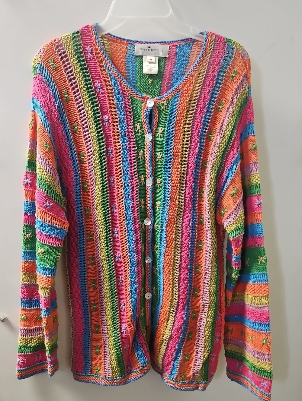 Susan Bristol Bright Multicolor Striped Open-Knit Cardigan